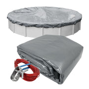 Robelle front view of 24 ft cover showing full perimeter and winch for strong protection