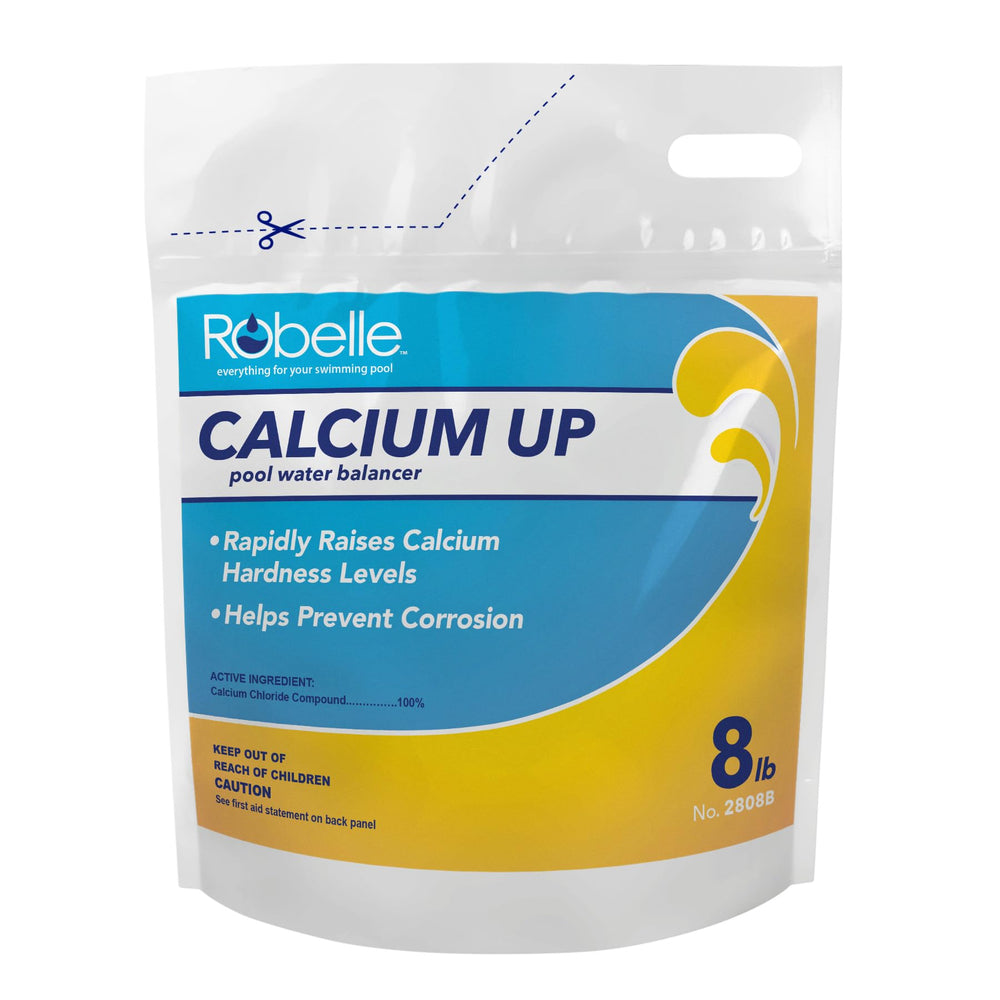 Robelle packaging front view showing 8 lb calcium up and clear labeling for pool maintenance benefit