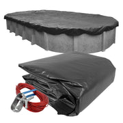 Robelle full pool cover fitted on oval pool showing secure winter protection