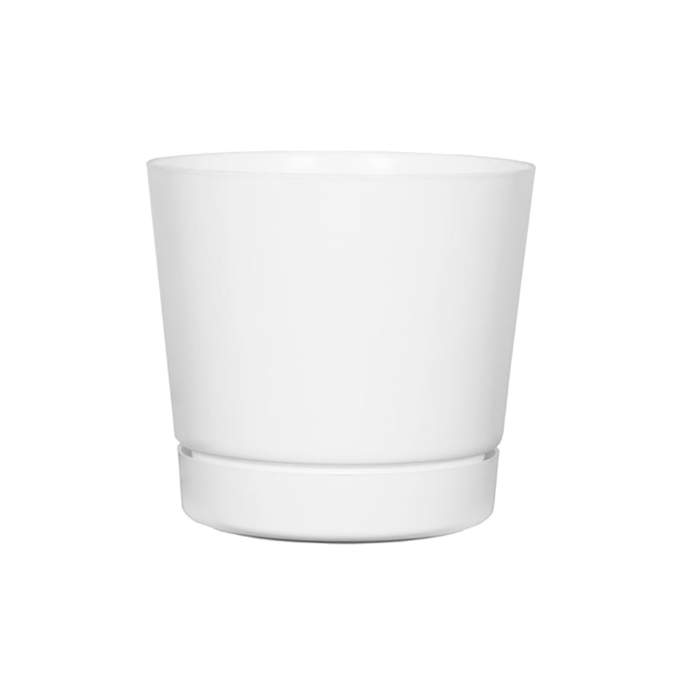 Root & Vessel front view of 14-inch glossy white pot showing modern shape and benefit