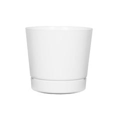 Root & Vessel front view of 14-inch glossy white pot showing modern shape and benefit