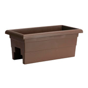 Root & Vessel front view of 24-inch brown railing planter showing layered finish and scale benefit