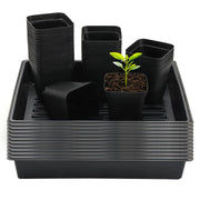 RooTrimmer front packaging view showing full 120-pot and 10-tray kit, easy storage benefit