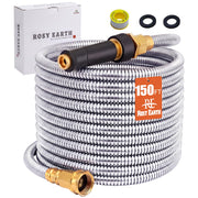 Rosy Earth front view of stainless steel hose showing durability and length