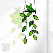 Royxen front view of stained glass suncatcher showing vibrant green leaves and pot
