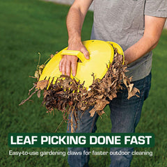 Rugg scoops in use lifting a pile of leaves for faster cleanup