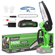 Saker mini chainsaw front view showing compact body and controls for easy handling
