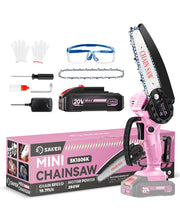 Saker mini chainsaw front view showing compact pink housing and bar, improves portability