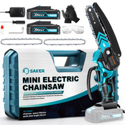 Saker mini chainsaw front view showing compact blue body and controls for easy handling