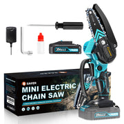 Saker mini chainsaw front view showing compact design and portability benefit