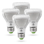SANSI front view of 4-pack bulbs showing packaging and E26 bases for easy installation