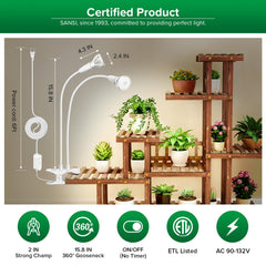 SANSI grow light mounted on plant shelf clamp, secures close-range supplemental lighting
