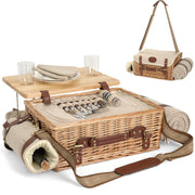 SatisInside front view of wicker picnic basket showing handle and straps for easy transport