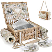 SatisInside front view of wicker picnic basket showing suitcase style and strap benefit