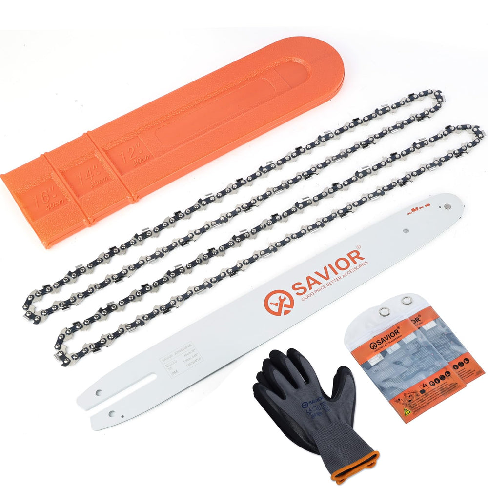 savior front packaging showing 16" bar and two chains, clear replacement identification and convenience