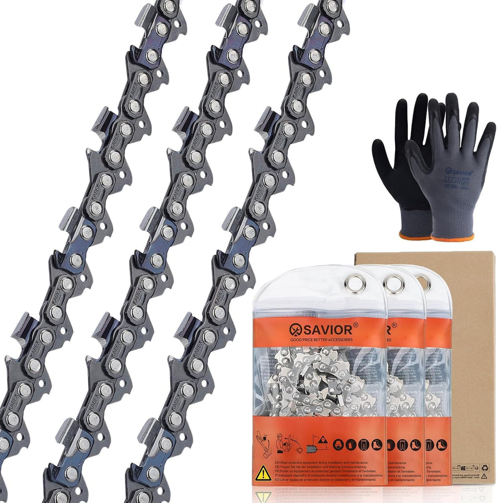 Savior front packaging showing three 20" chains for quick replacement