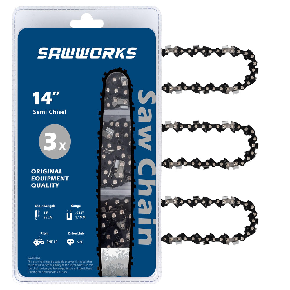 SawWorks front packaging showing 14 inch 3/8" LP chain and 52 links benefit: clear product ID