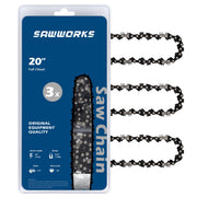 SawWorks front packaging showing three 20 inch chains, clear product identity and value