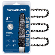 SawWorks front packaging showing 3-pack 8-inch chains and model compatibility benefits
