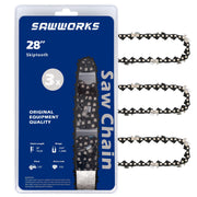 SawWorks front packaging showing three 28 inch chains and labels for quick selection benefit