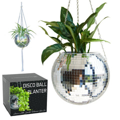 SCANDINORDICA front view of disco ball planter showing reflective finish and hangers