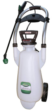 Scotts cart sprayer front view showing tank and wheels for easy transport