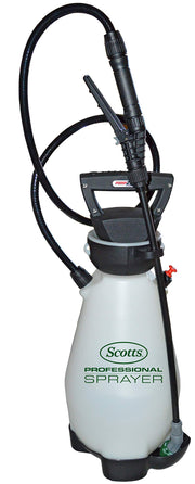 Scotts sprayer front view showing tank and handle for stable use