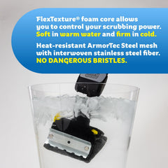 Scrub Daddy ArmorTec mesh detail showing heat-resistant stainless-steel fibers and durability