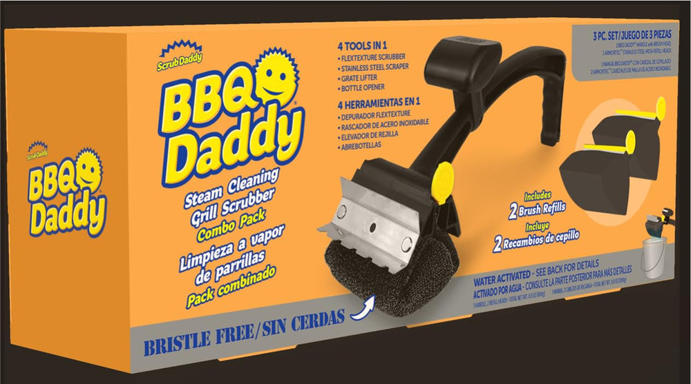 Scrub Daddy grill scrubber pack front showing three scrubbers for fast grease removal