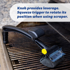 Scrub Daddy scraper between grill grates removing char for safer, thorough cleaning