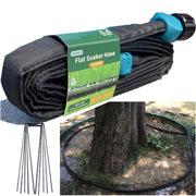 Secbulk flat soaker hose front view showing whole 10ft length and stakes for even watering