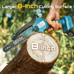 SEESII close-up of the 8-inch guide bar and chain, demonstrating durable cutting edge