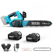 Seesii front profile of cordless chainsaw showing compact design and portability