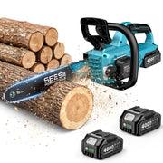 SEESII front view showing compact 12-inch chainsaw and ergonomic handle benefit control