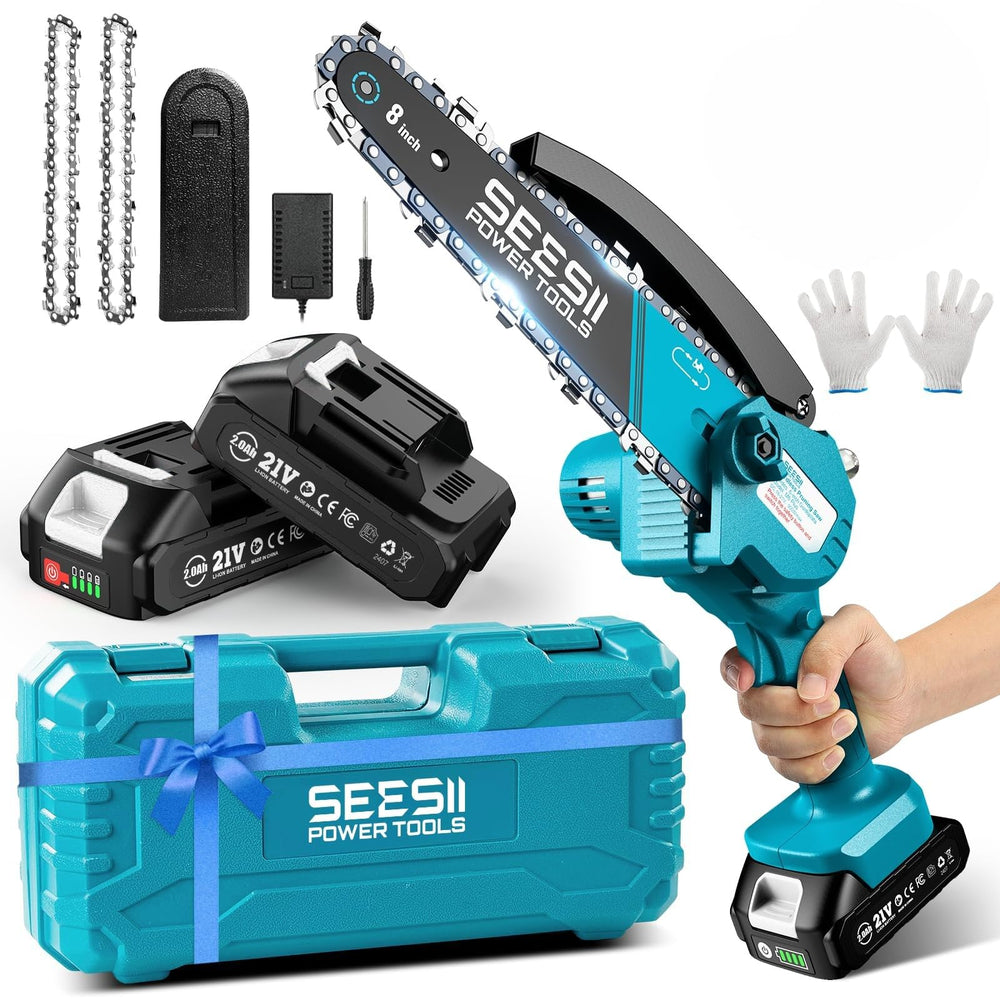 SEESII mini chainsaw front view showing compact design and portability, ideal for easy handling