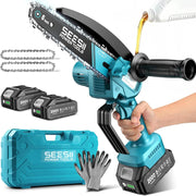 SEESII mini chainsaw front view showing compact portability and power