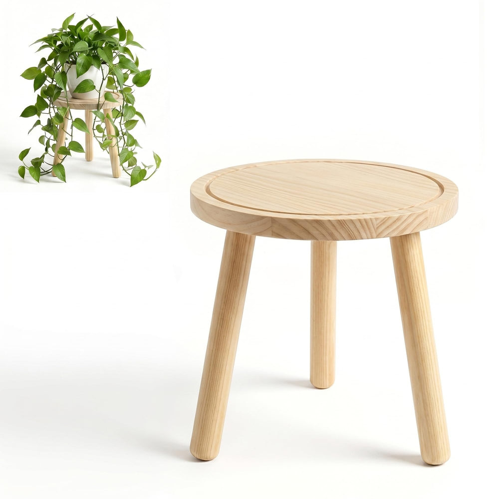 SEQUEDA front view of light brown wooden plant stand showing stable base and clean top