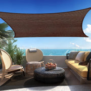 SHADESPEARE front view of brown rectangle canopy providing shaded patio comfort