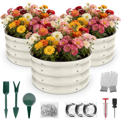 SHALL front view of three assembled round planters showing usable garden space