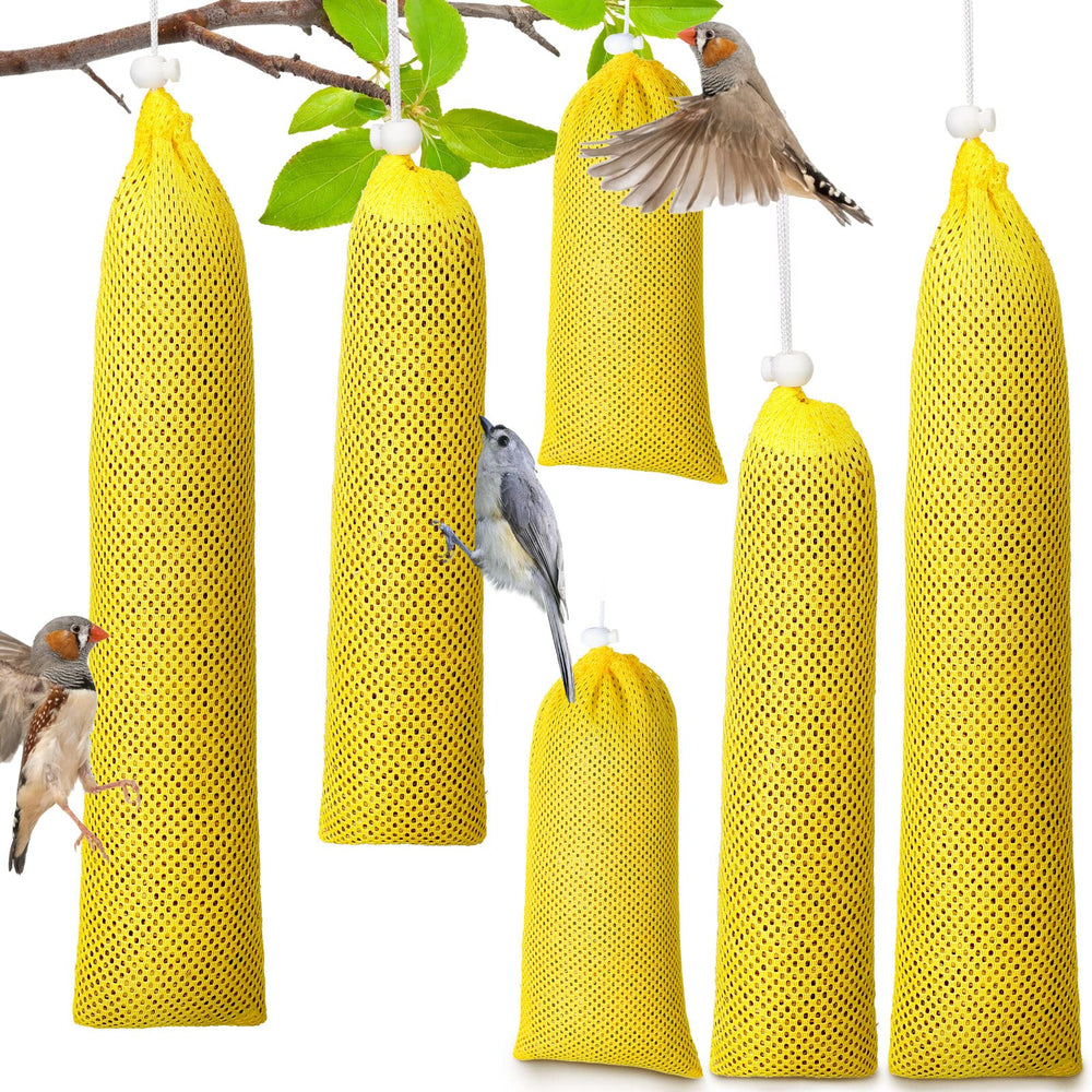 Shappy front view of six yellow thistle sock feeders showing contents capacity