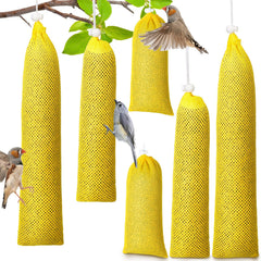 Shappy front view of six yellow thistle sock feeders showing contents capacity