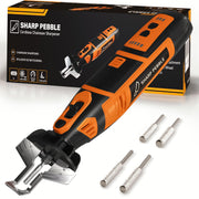 Sharp Pebble front view of cordless kit showing tool and accessories for portable sharpening