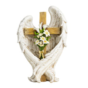 ShineOnAngel front view of angel wings embracing cross showing serene design benefit
