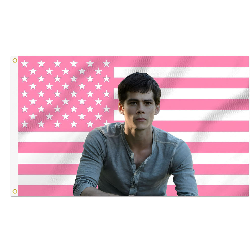 Shmbada front view of full 3x5 flag showing Dylan O'Brien artwork and visual impact