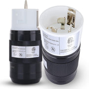 Shopcorp front view of packaged 50A twist-lock plug showing product branding and benefit