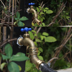 SIGURANTA elbow installed on outdoor faucet demonstrating reduced hose strain