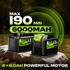 SILVEL two 24V 6.0Ah batteries displayed with charger showing long runtime benefit