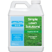 Simple Lawn Solutions front label showing 15-0-15 benefits and clear instructions