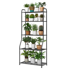 Simple Trending front view of five-tier black plant stand showing vertical storage benefits