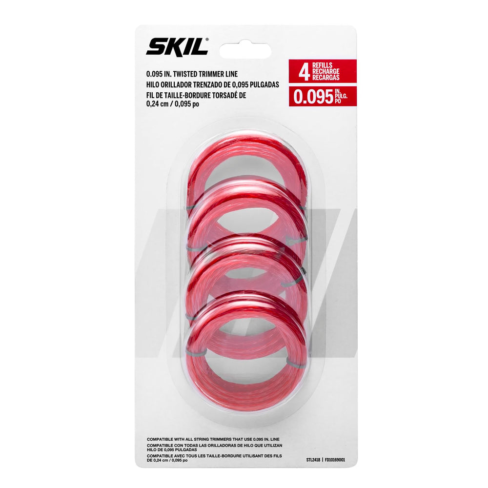 Skil front packaging showing .095-inch twisted trimmer line and four pre-cut coils for quick reloads